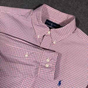 Ralph Lauren Button Down Shirt Mens 16.5 Pink Blue Check Classic Fit Long Sleeve